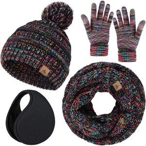 Women’s  Colorful Knit Beanie Hat, Gloves, Scarf & Ear Warmer Set - Winter